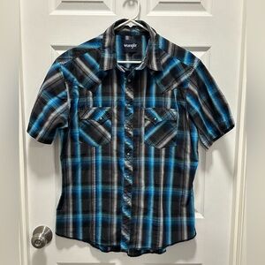 Wrangler Men's Short-Sleeve Blue & Black Plaid Western Pearl Snap Shirt Size L